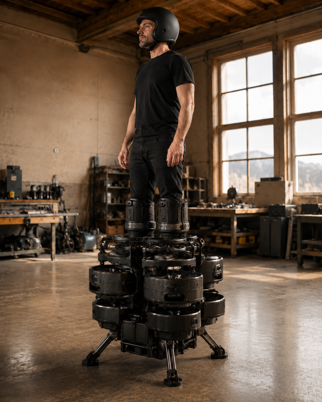 Concept visuel KAIFLY: socle volant compact avec modules d'helices superposes sous les pieds.