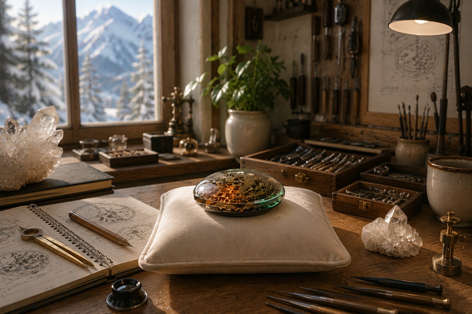 Atelier alpin Cristallo avec un objet lumineux, des outils et un carnet de conception.