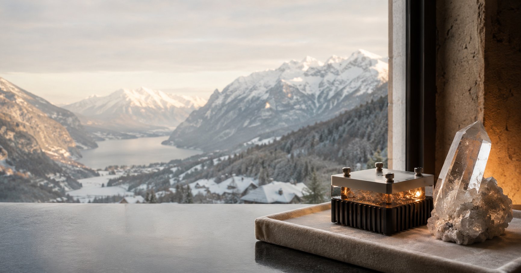 Lake and mountain landscape with a luminous crystal compute object