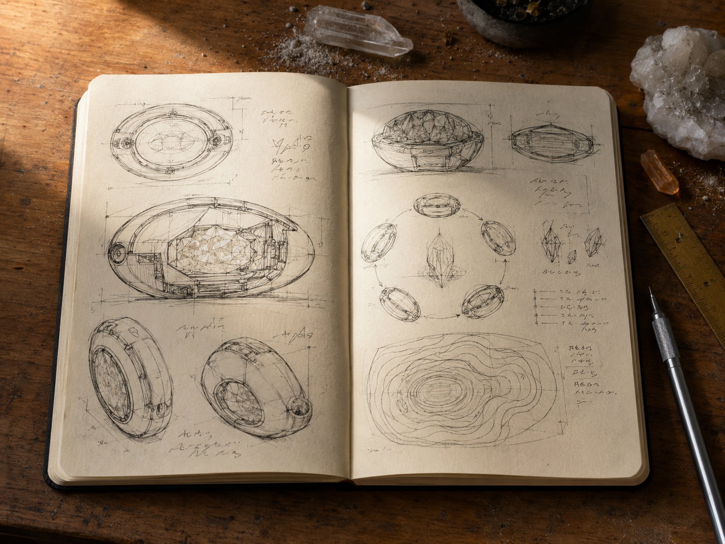 Carnet de conception Cristallo avec schémas, cristal et mesures sur une table d'atelier.